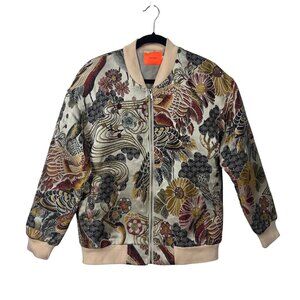 Wind Blows XL Floral & Crane Pattern Fully Embroidered Bomber Jacket Funky Artsy